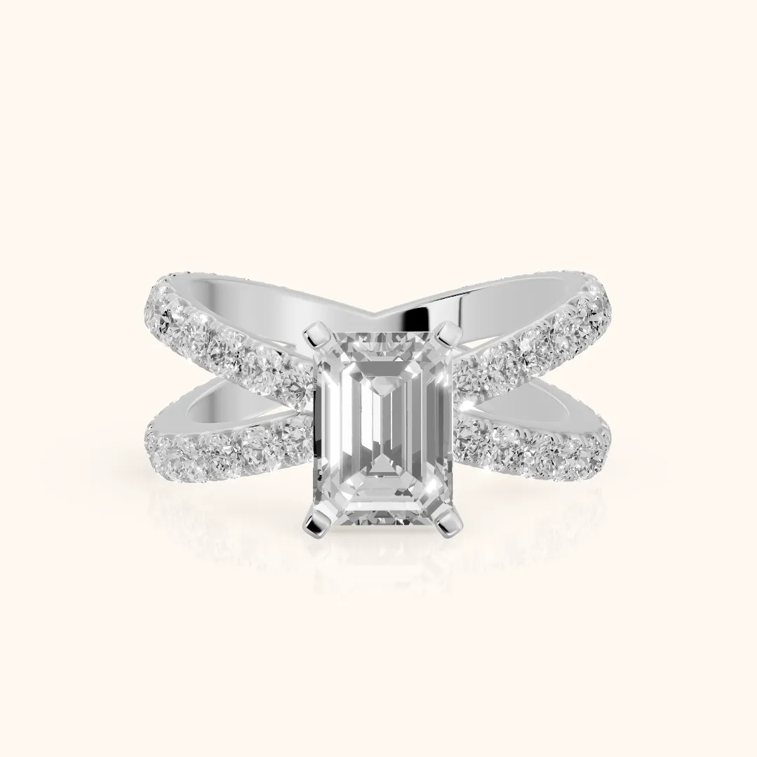 Lior Criss Cross Pavé Emerald Diamond Engagement Ring in Silver — view 2