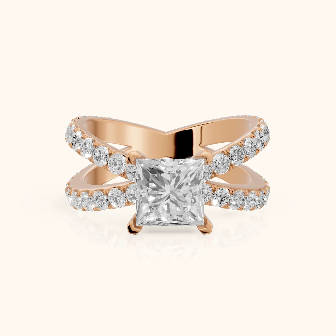 Lior Criss Cross Pavé Princess Diamond Engagement Ring in Rose Gold — view 2