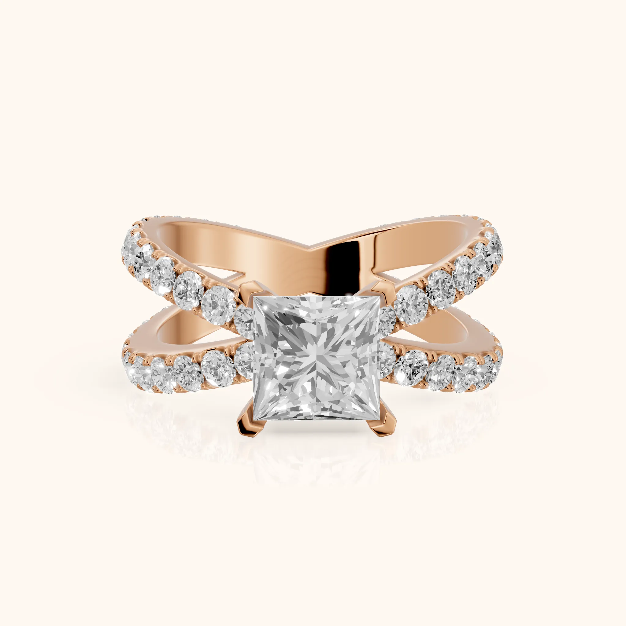 Lior Criss Cross Pavé Princess Diamond Engagement Ring in Rose Gold — view 1