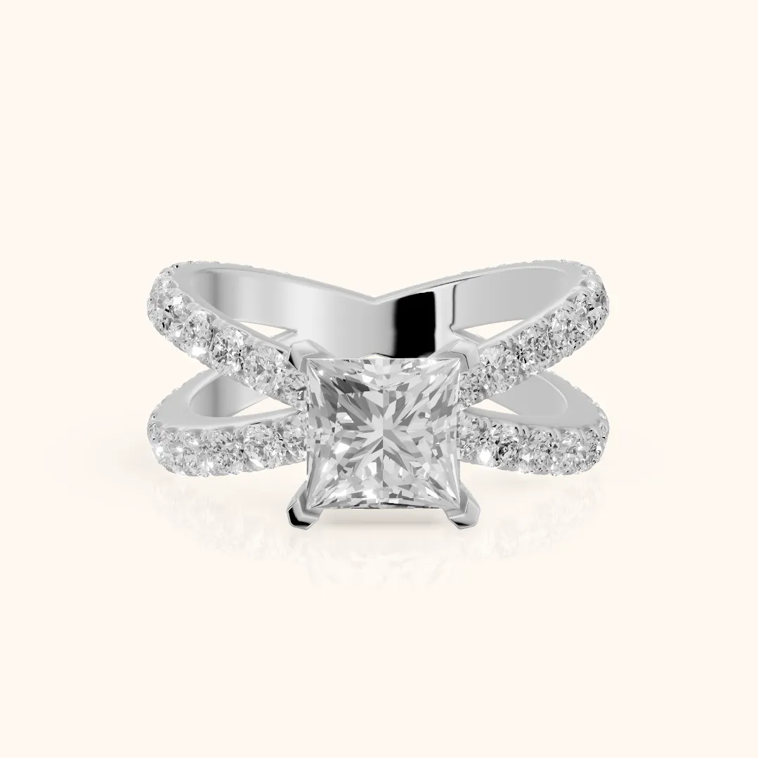 Lior Criss Cross Pavé Princess Diamond Engagement Ring in Silver — view 2