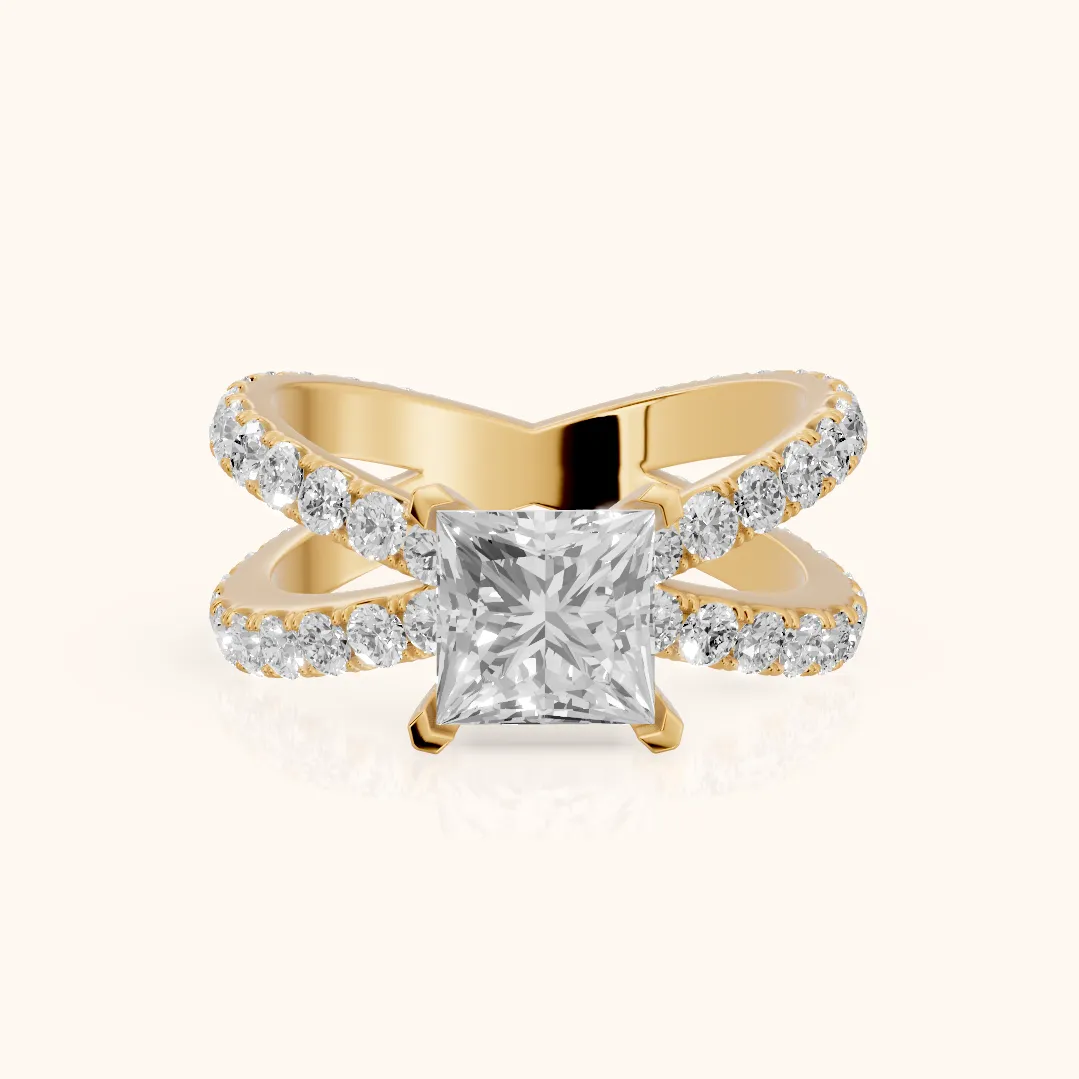 Lior Criss Cross Pavé Princess Diamond Engagement Ring in Yellow Gold — view 2