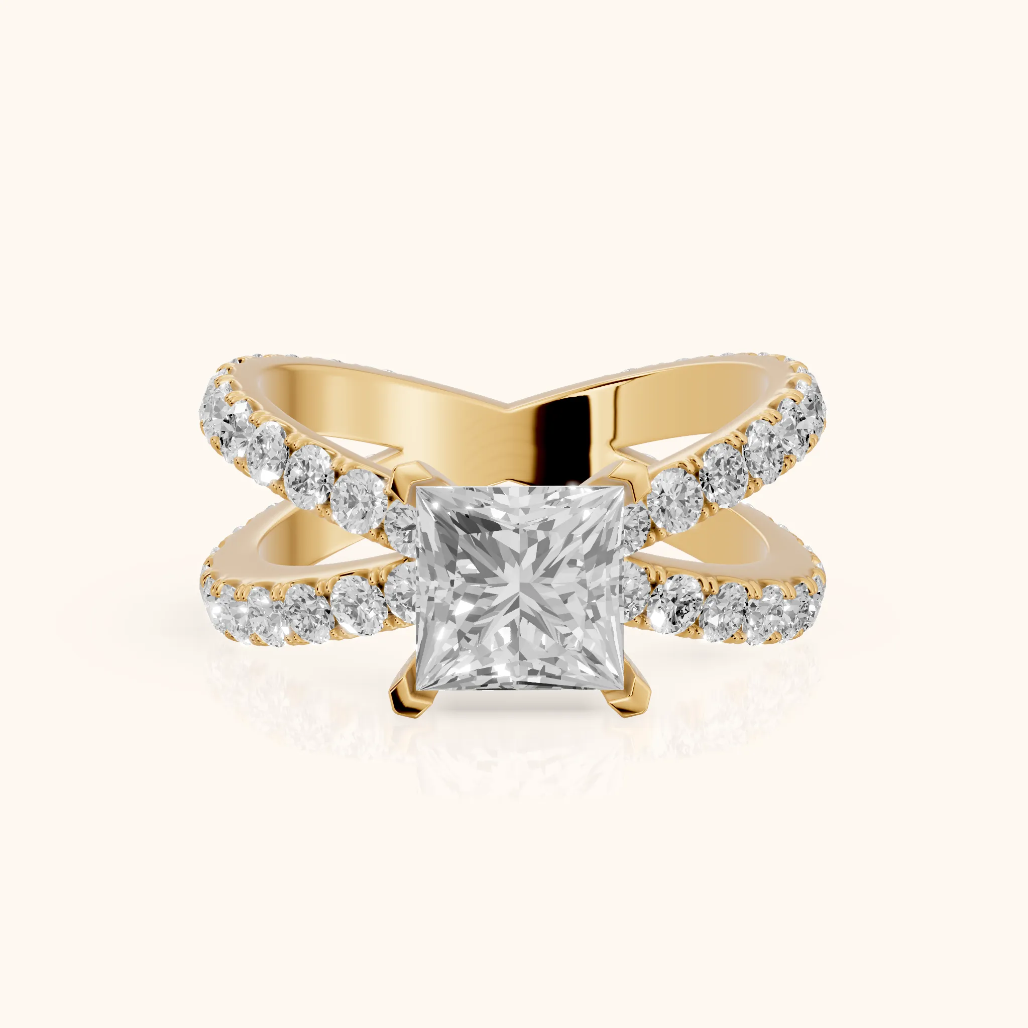 Lior Criss Cross Pavé Princess Diamond Engagement Ring in Yellow Gold — view 1