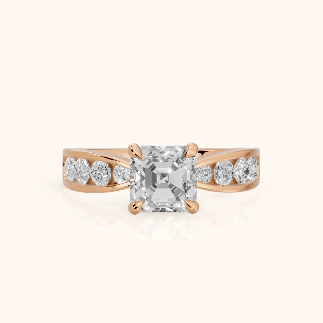 Noor Channel Set Sidestone Asscher Diamond Engagement Ring in Rose Gold — view 2