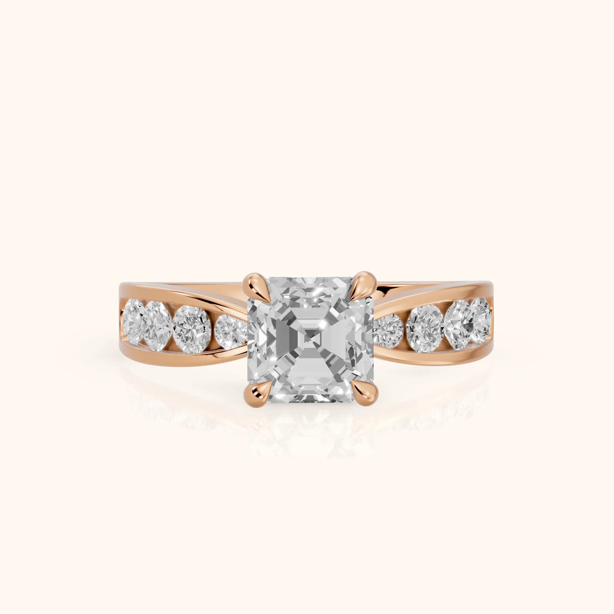 Noor Channel Set Sidestone Asscher Diamond Engagement Ring in Rose Gold — view 1