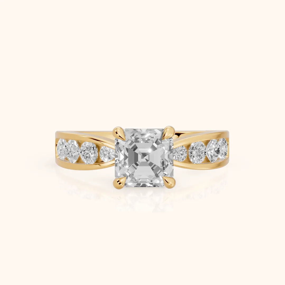 Noor Channel Set Sidestone Asscher Diamond Engagement Ring in Yellow Gold — view 2