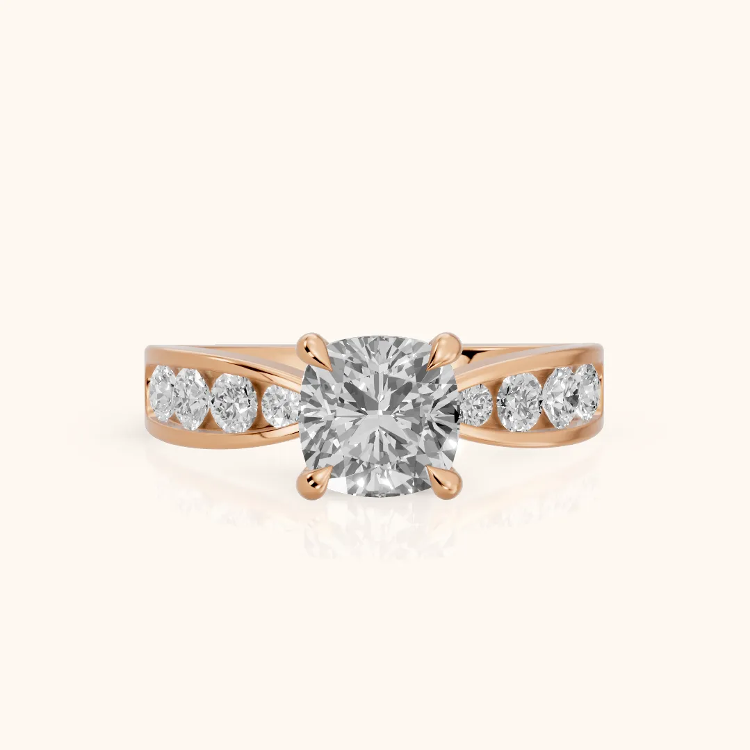 Noor Channel Set Sidestone Cushion Diamond Engagement Ring in Rose Gold — view 2