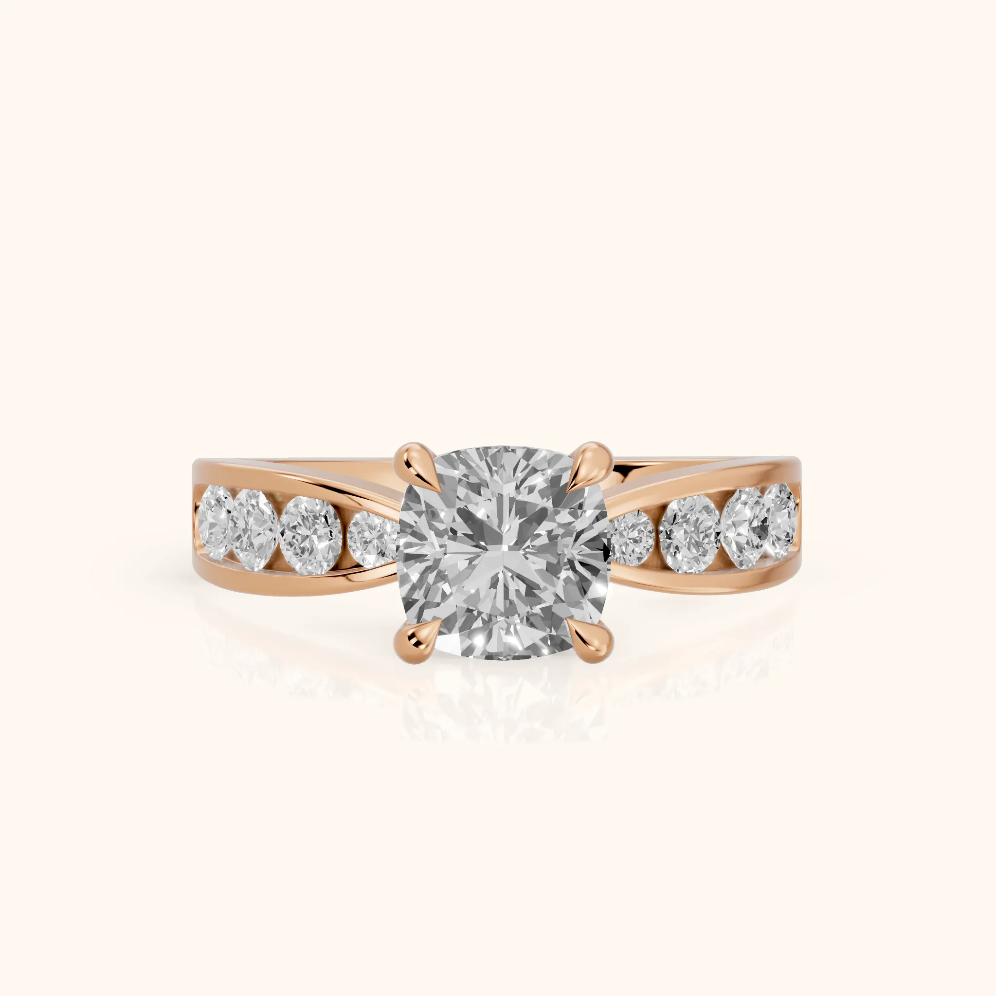 Noor Channel Set Sidestone Cushion Diamond Engagement Ring in Rose Gold — view 1