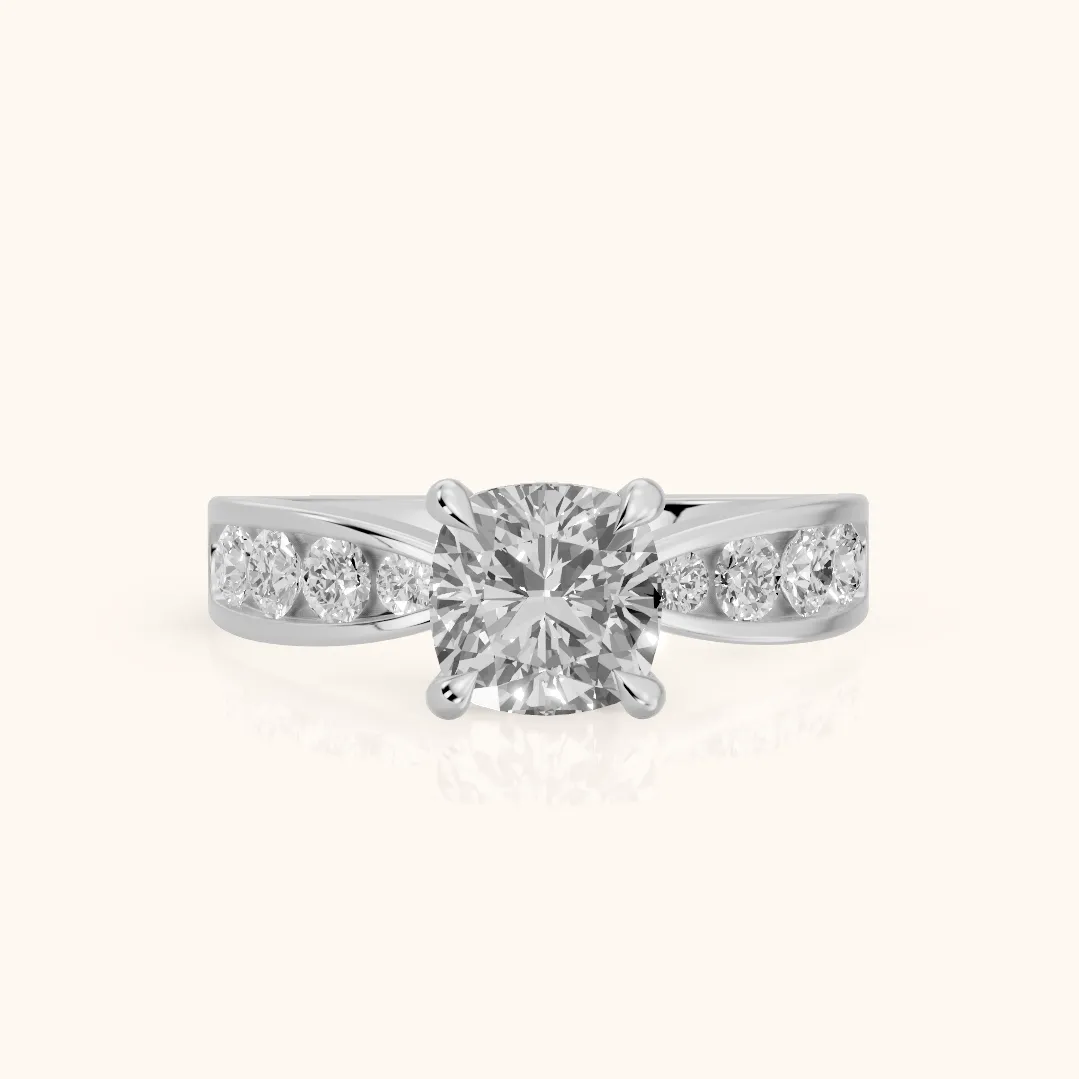 Noor Channel Set Sidestone Cushion Diamond Engagement Ring in Silver — view 2