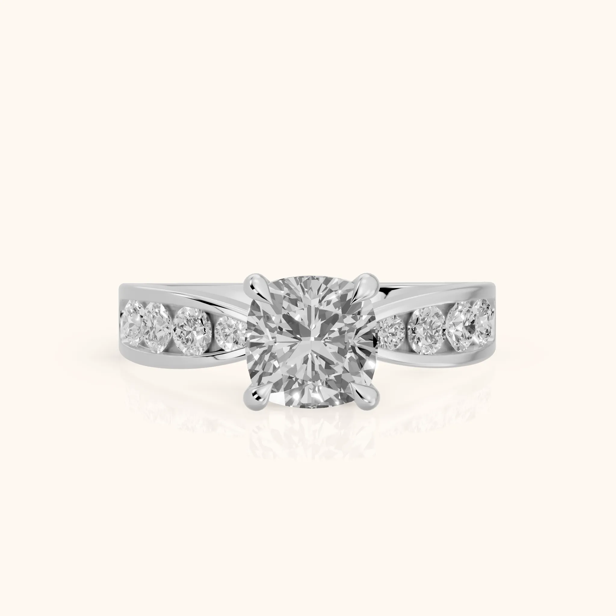 Noor Channel Set Sidestone Cushion Diamond Engagement Ring in Silver — view 1
