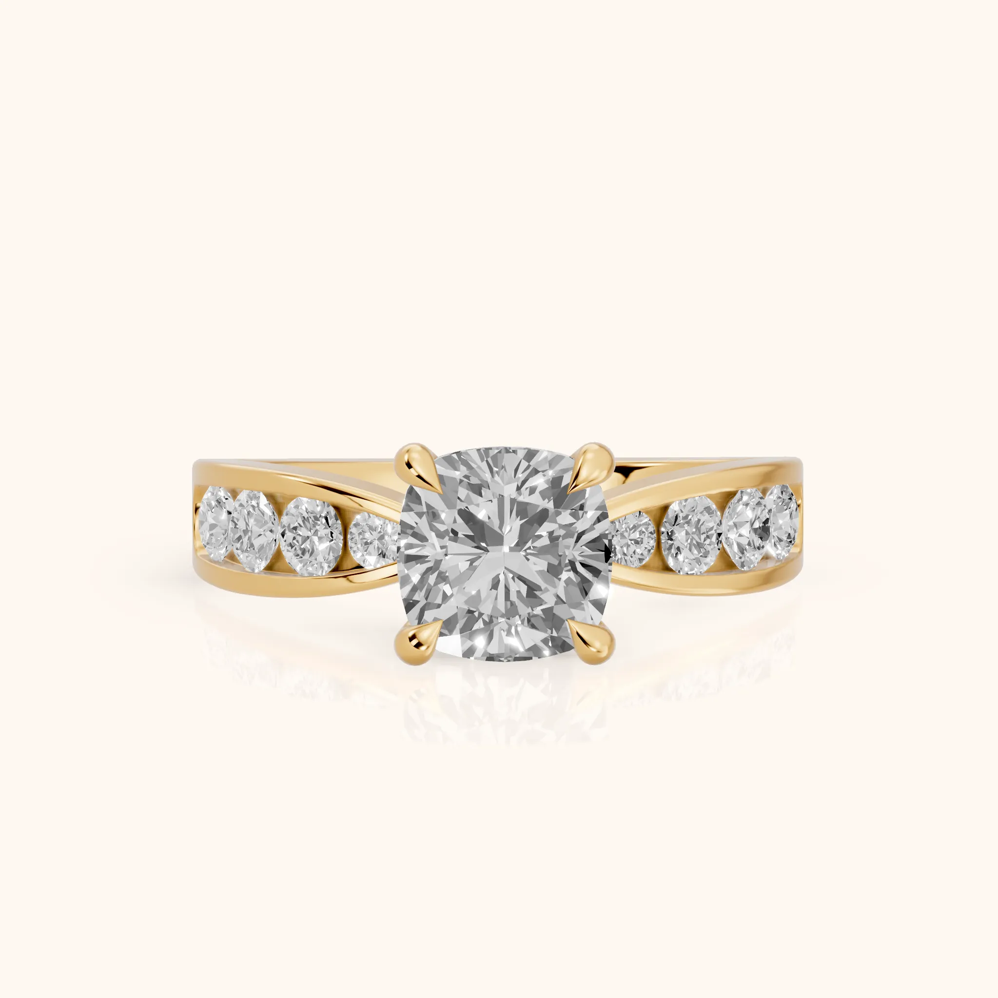 Noor Channel Set Sidestone Cushion Diamond Engagement Ring in Yellow Gold — view 1