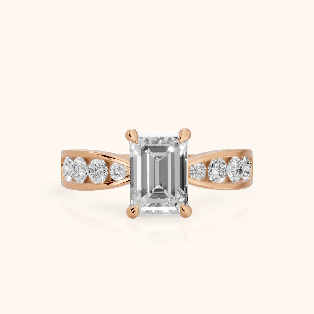 Noor Channel Set Sidestone Emerald Diamond Engagement Ring in Rose Gold — view 2