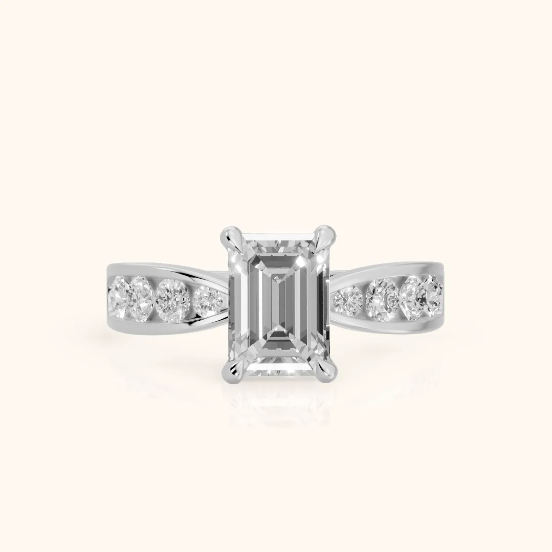Noor Channel Set Sidestone Emerald Diamond Engagement Ring in Silver — view 2