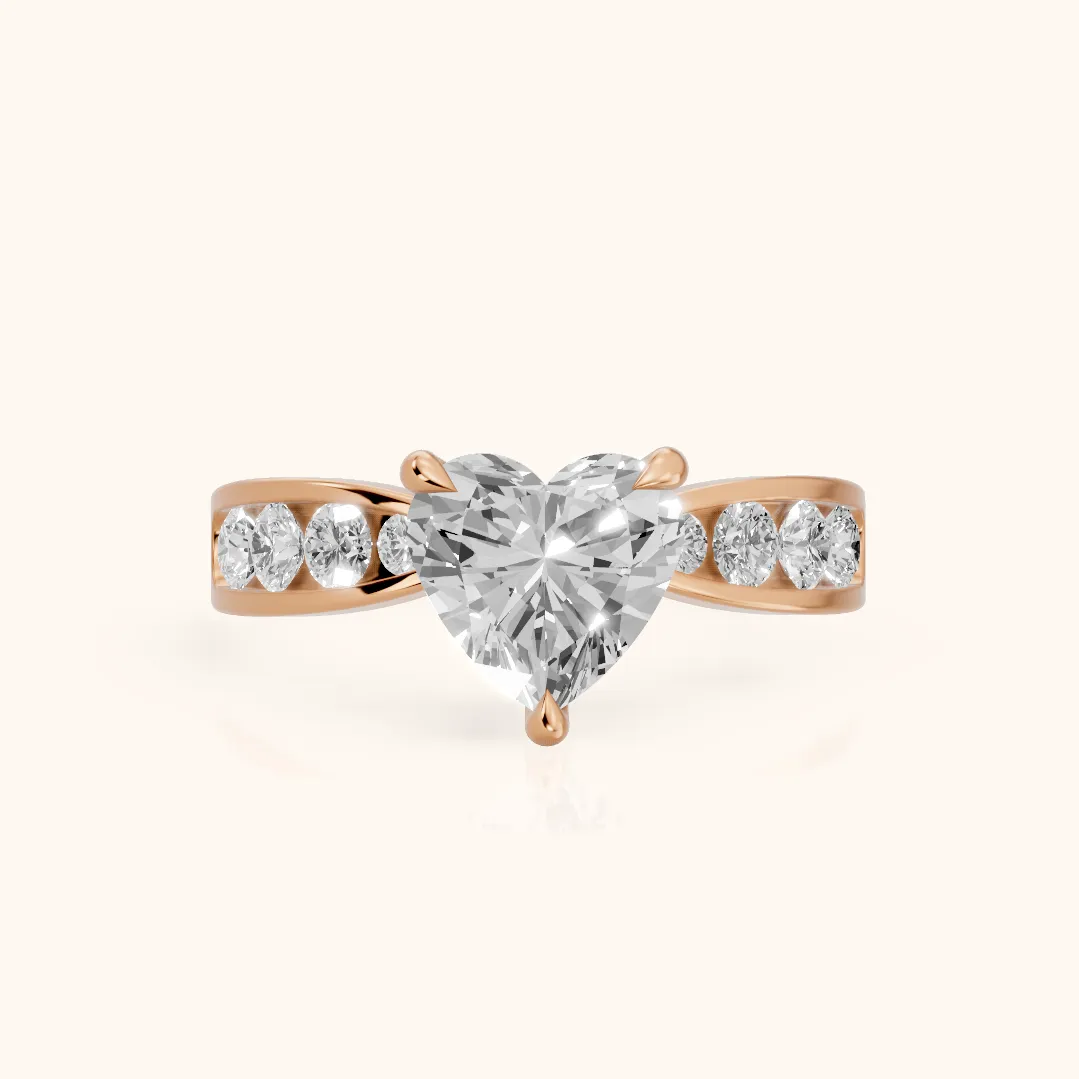 Noor Channel Set Sidestone Heart Diamond Engagement Ring in Rose Gold — view 2