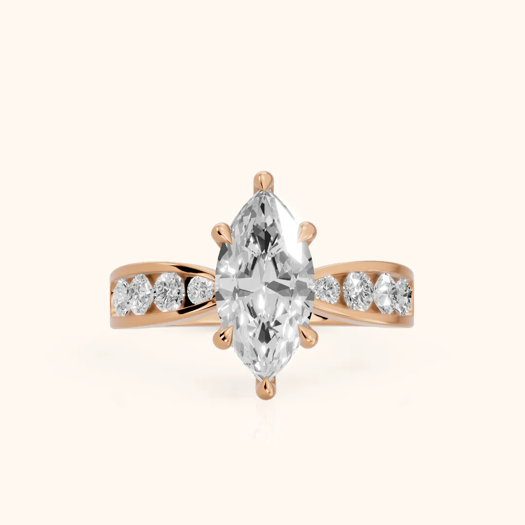Noor Channel Set Sidestone Marquise Diamond Engagement Ring in Rose Gold — view 2