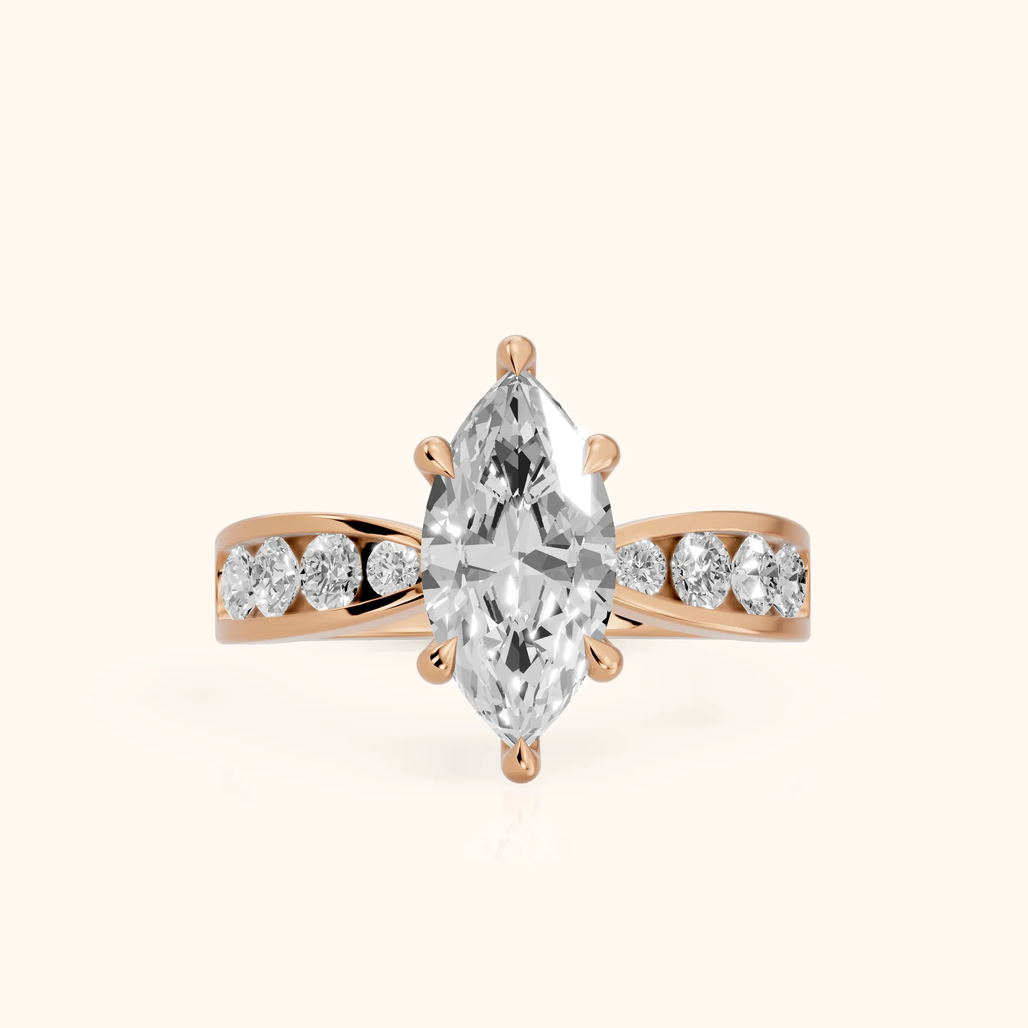 Noor Channel Set Sidestone Marquise Diamond Engagement Ring in Rose Gold — view 1