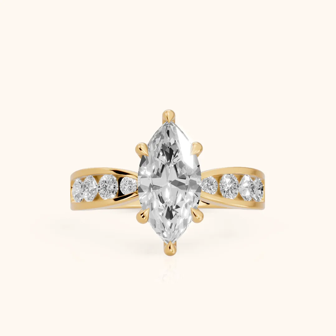 Noor Channel Set Sidestone Marquise Diamond Engagement Ring in Yellow Gold — view 2