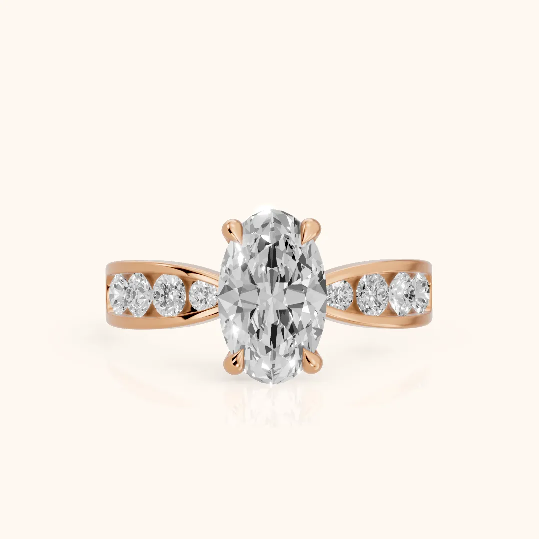 Noor Channel Set Sidestone Oval Diamond Engagement Ring in Rose Gold — view 2