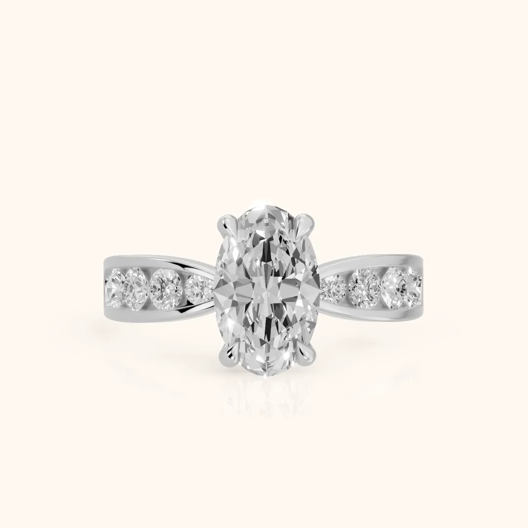 Noor Channel Set Sidestone Oval Diamond Engagement Ring in Platinum — view 2