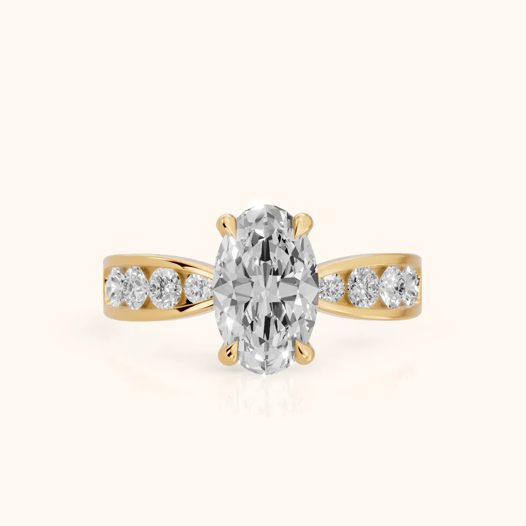 Noor Channel Set Sidestone Oval Diamond Engagement Ring in Yellow Gold — view 2