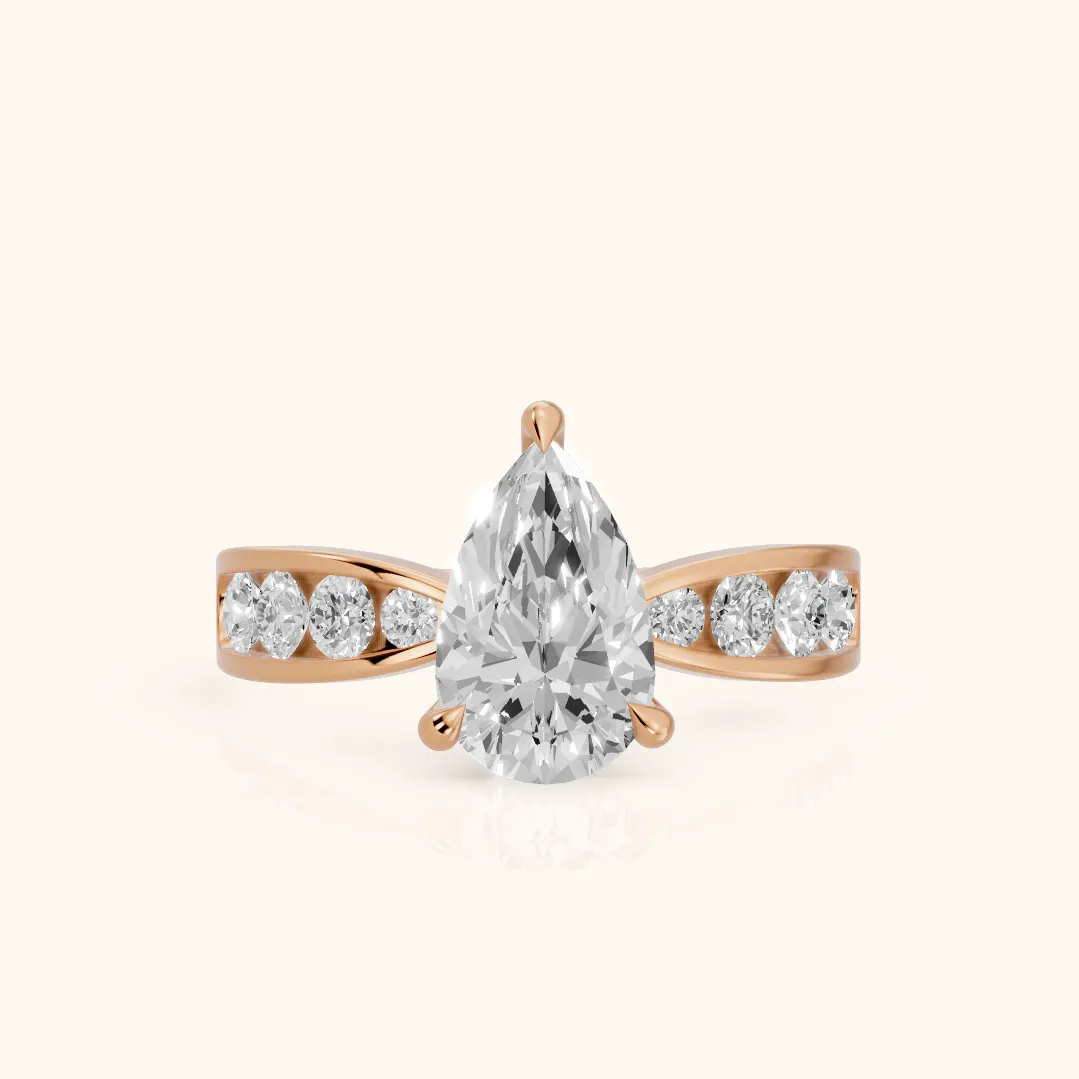 Noor Channel Set Sidestone Pear Diamond Engagement Ring in Rose Gold — view 2