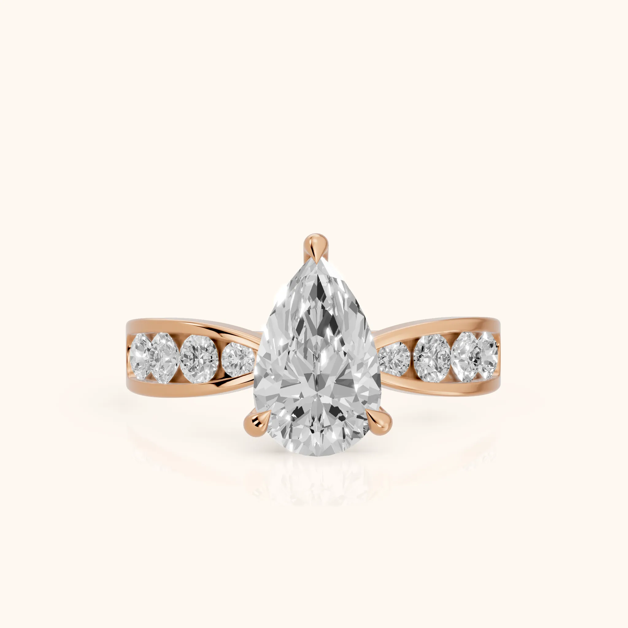 Noor Channel Set Sidestone Pear Diamond Engagement Ring in Rose Gold — view 1