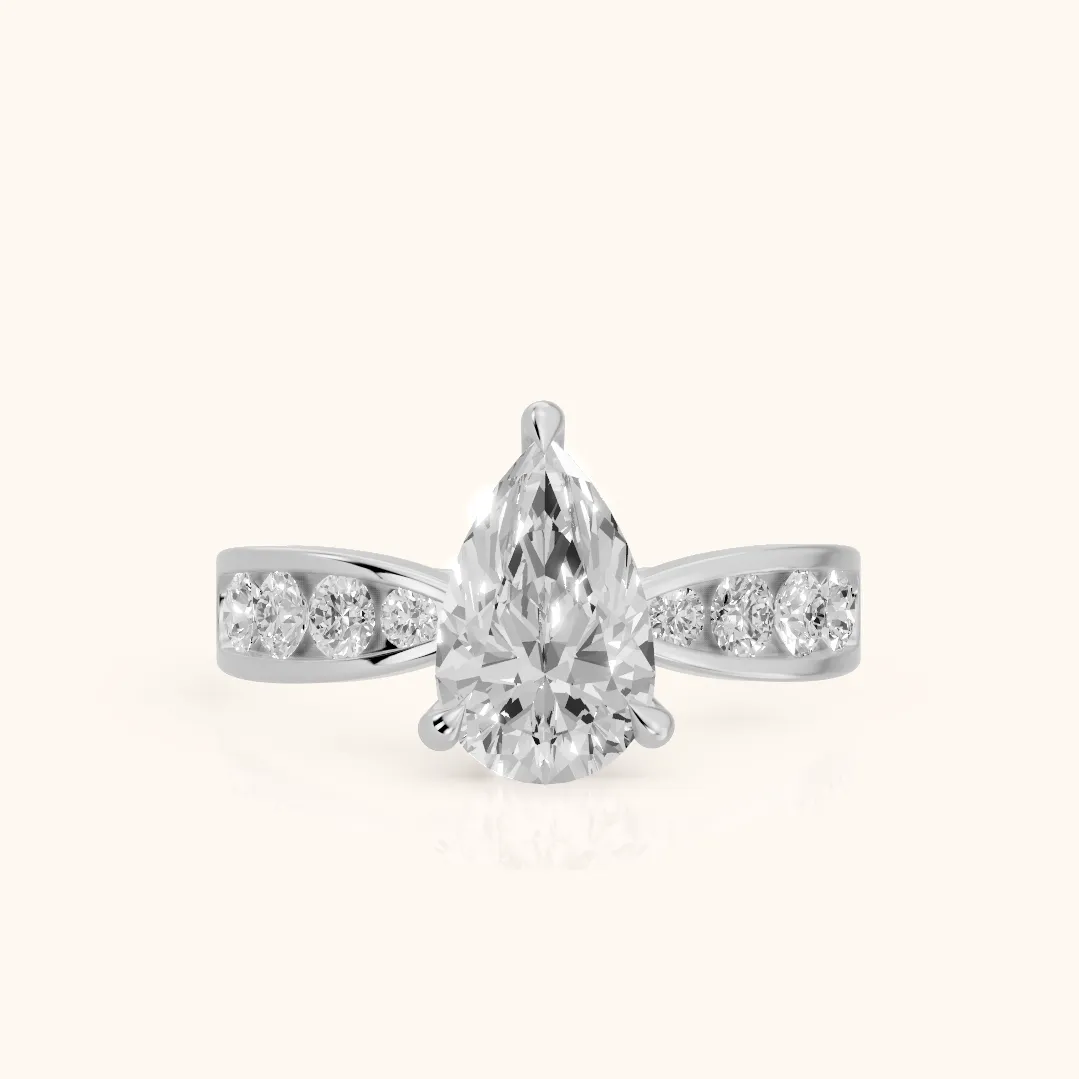 Noor Channel Set Sidestone Pear Diamond Engagement Ring in Platinum — view 2