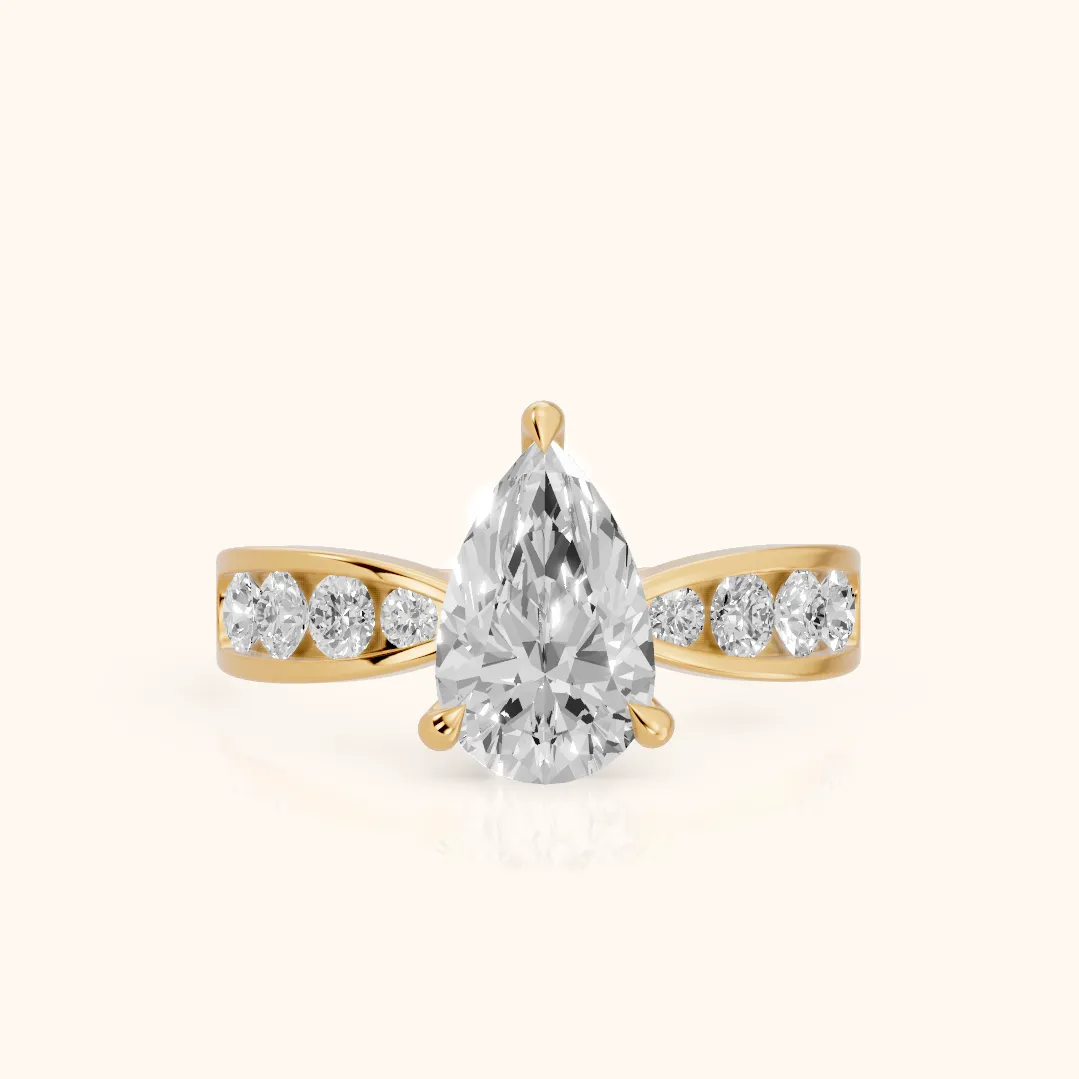 Noor Channel Set Sidestone Pear Diamond Engagement Ring in Yellow Gold — view 2