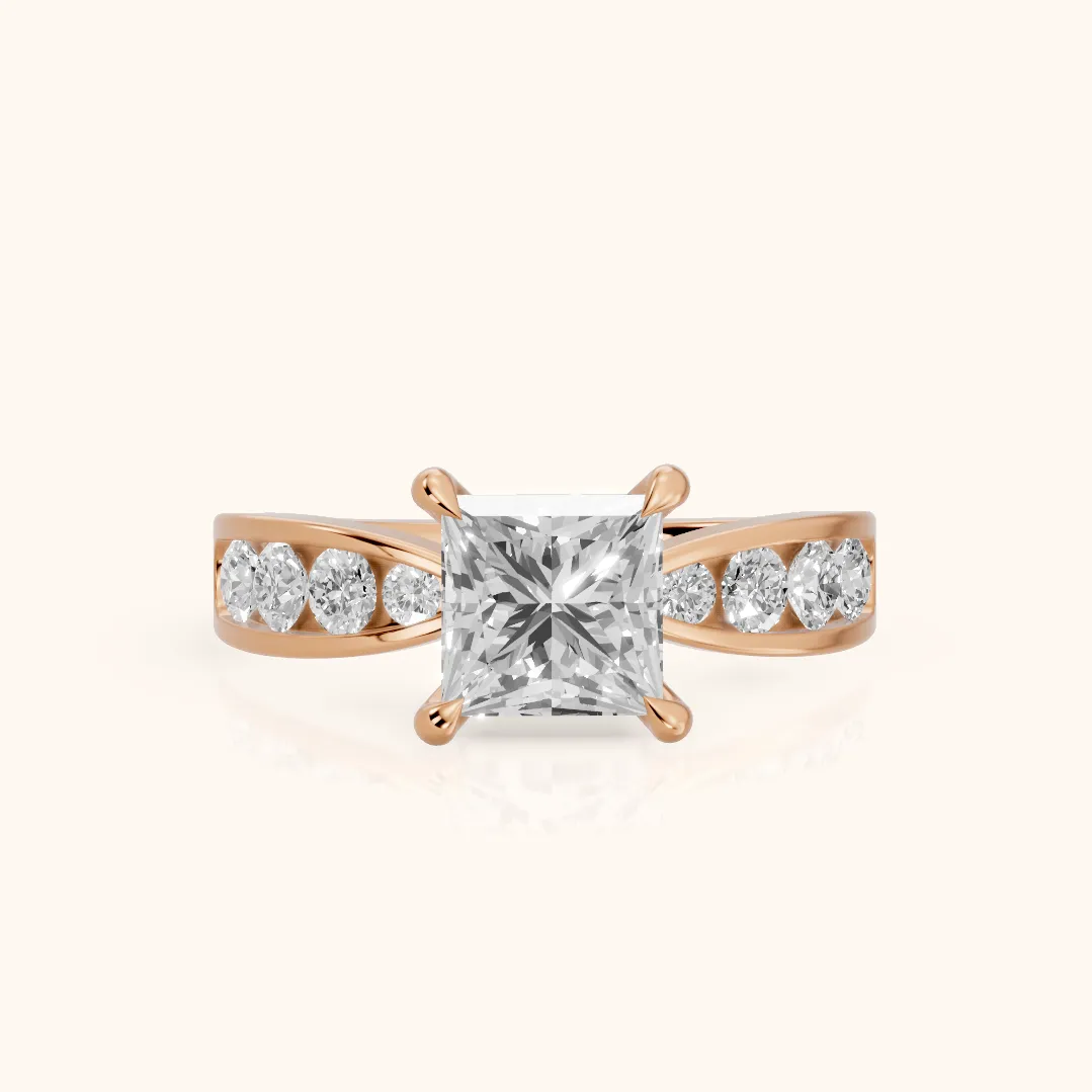 Noor Channel Set Sidestone Princess Diamond Engagement Ring in Rose Gold — view 2