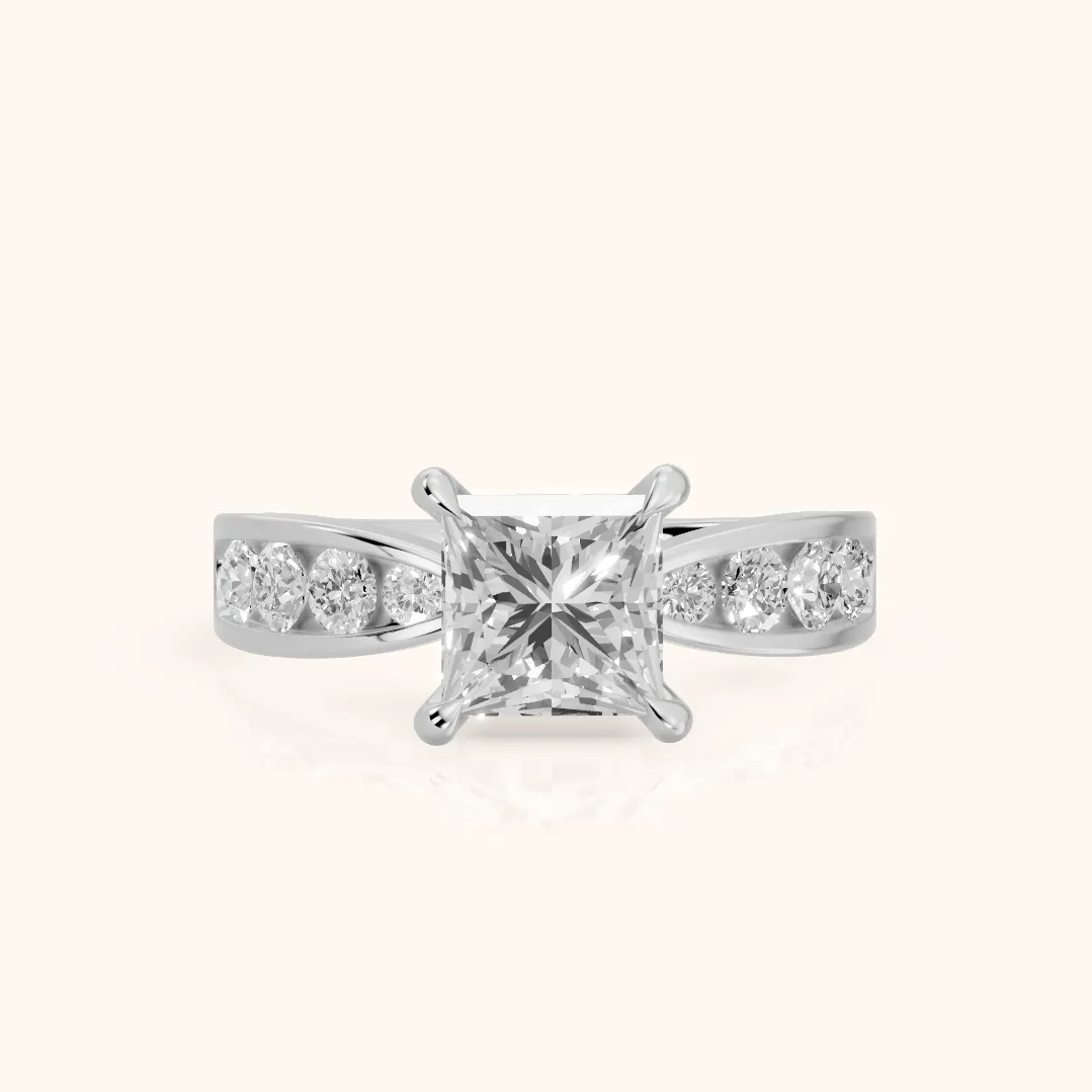 Noor Channel Set Sidestone Princess Diamond Engagement Ring in Platinum — view 2