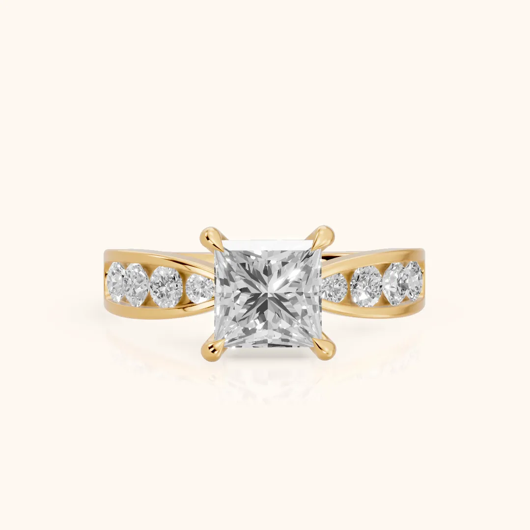 Noor Channel Set Sidestone Princess Diamond Engagement Ring in Yellow Gold — view 2