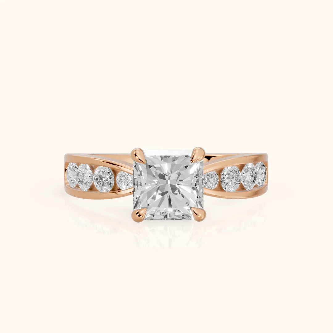Noor Channel Set Sidestone Radiant Diamond Engagement Ring in Rose Gold — view 2