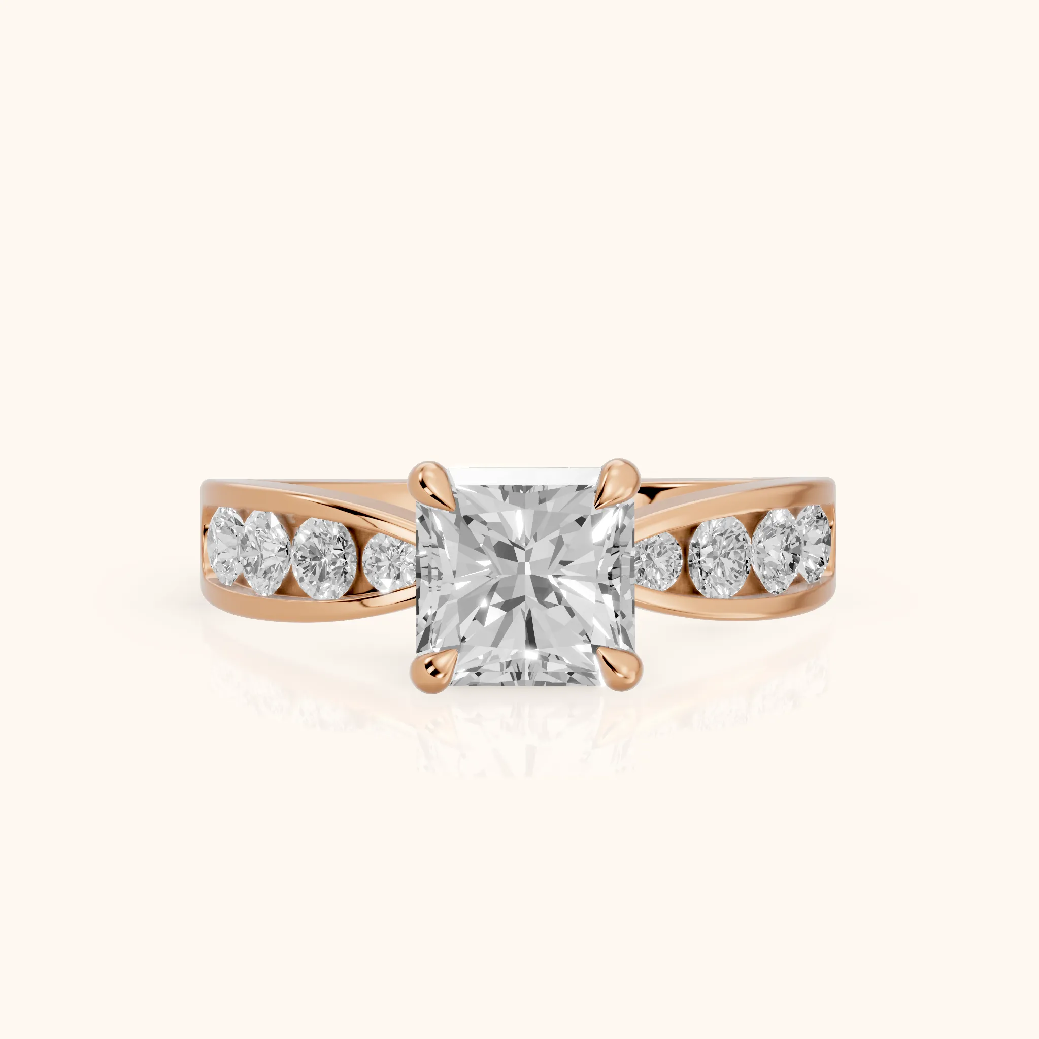 Noor Channel Set Sidestone Radiant Diamond Engagement Ring in Rose Gold — view 1