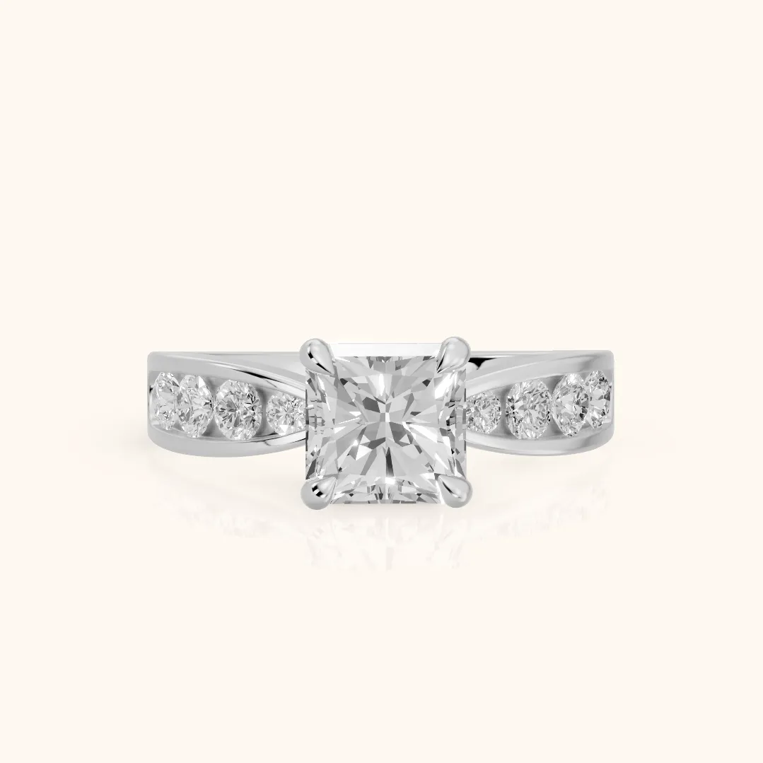 Noor Channel Set Sidestone Radiant Diamond Engagement Ring in Silver — view 2