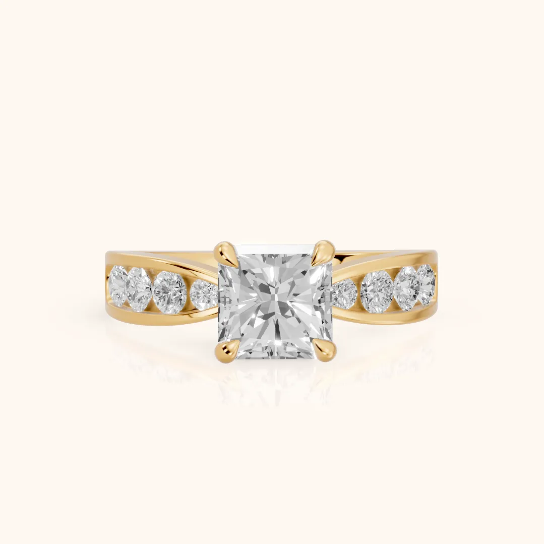 Noor Channel Set Sidestone Radiant Diamond Engagement Ring in Yellow Gold — view 2