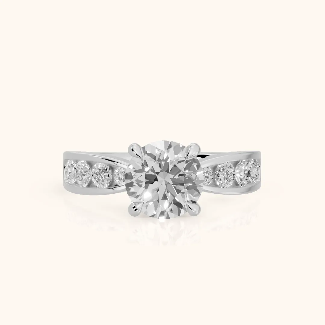 Noor Channel Set Sidestone Round Diamond Engagement Ring in Silver — view 2