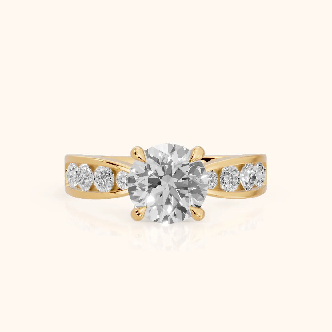 Noor Channel Set Sidestone Round Diamond Engagement Ring in Yellow Gold — view 2