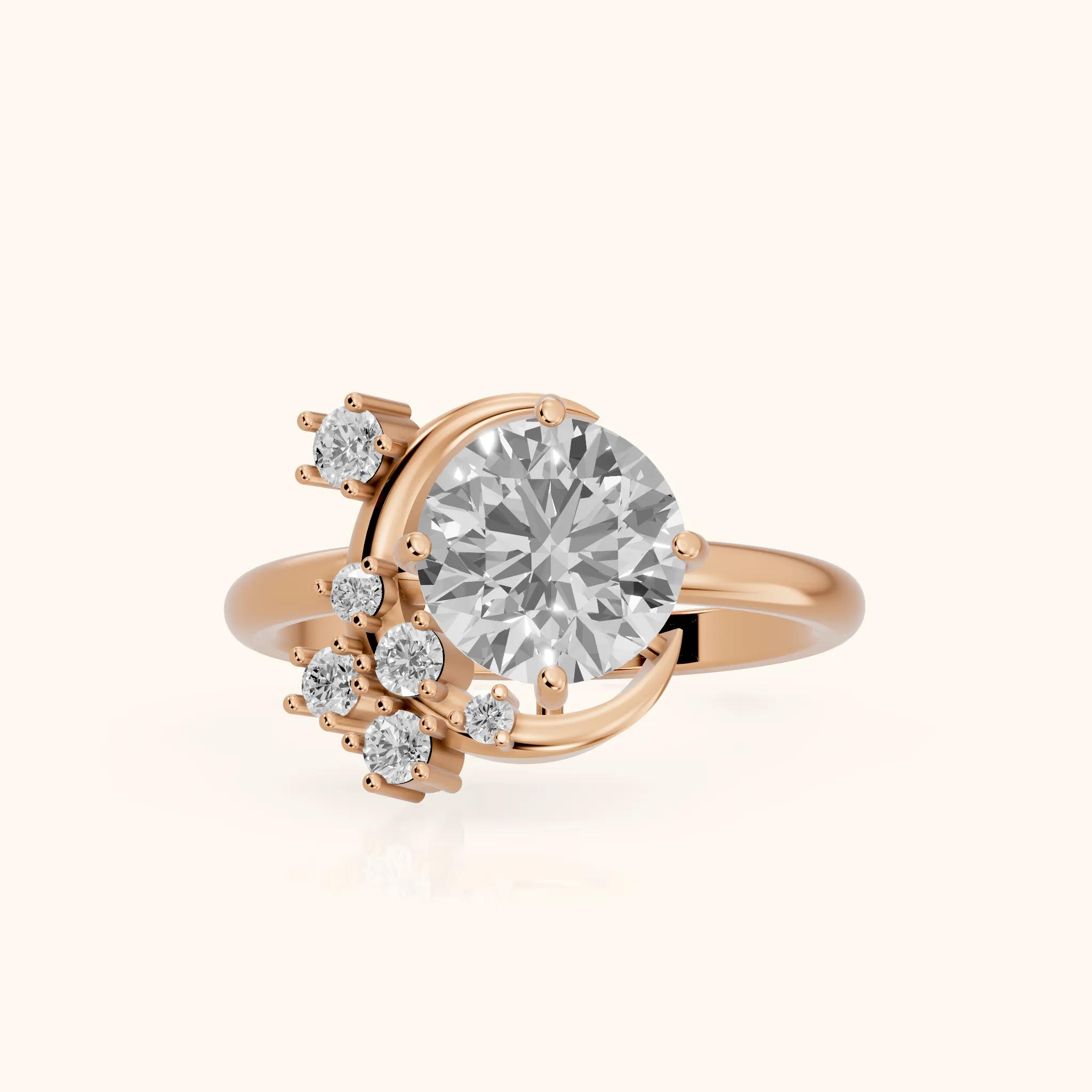 Lunaria Half-Moon Cluster Round Diamond Engagement Ring in Rose Gold — view 1