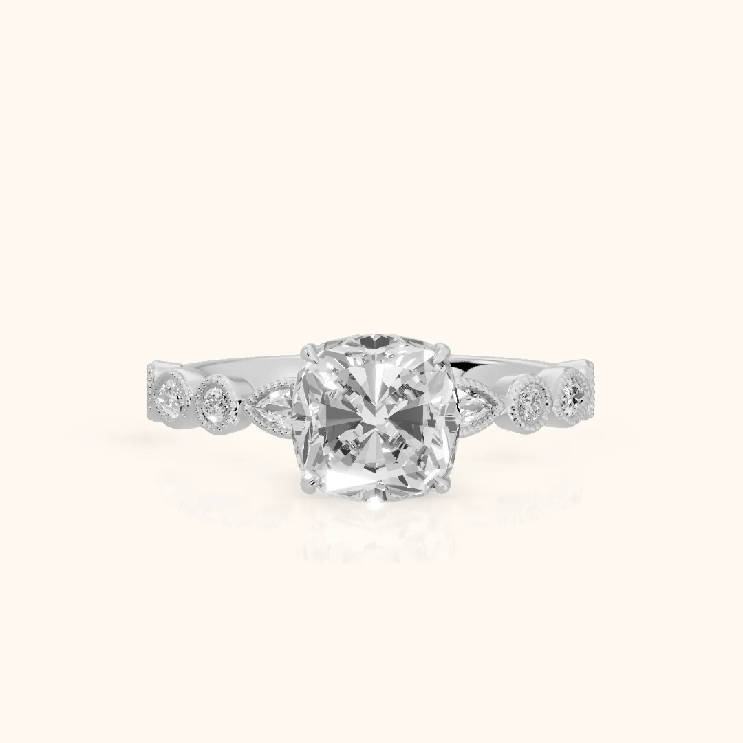 Lena Milgrain Leaf Cushion Diamond Engagement Ring in Silver — view 2