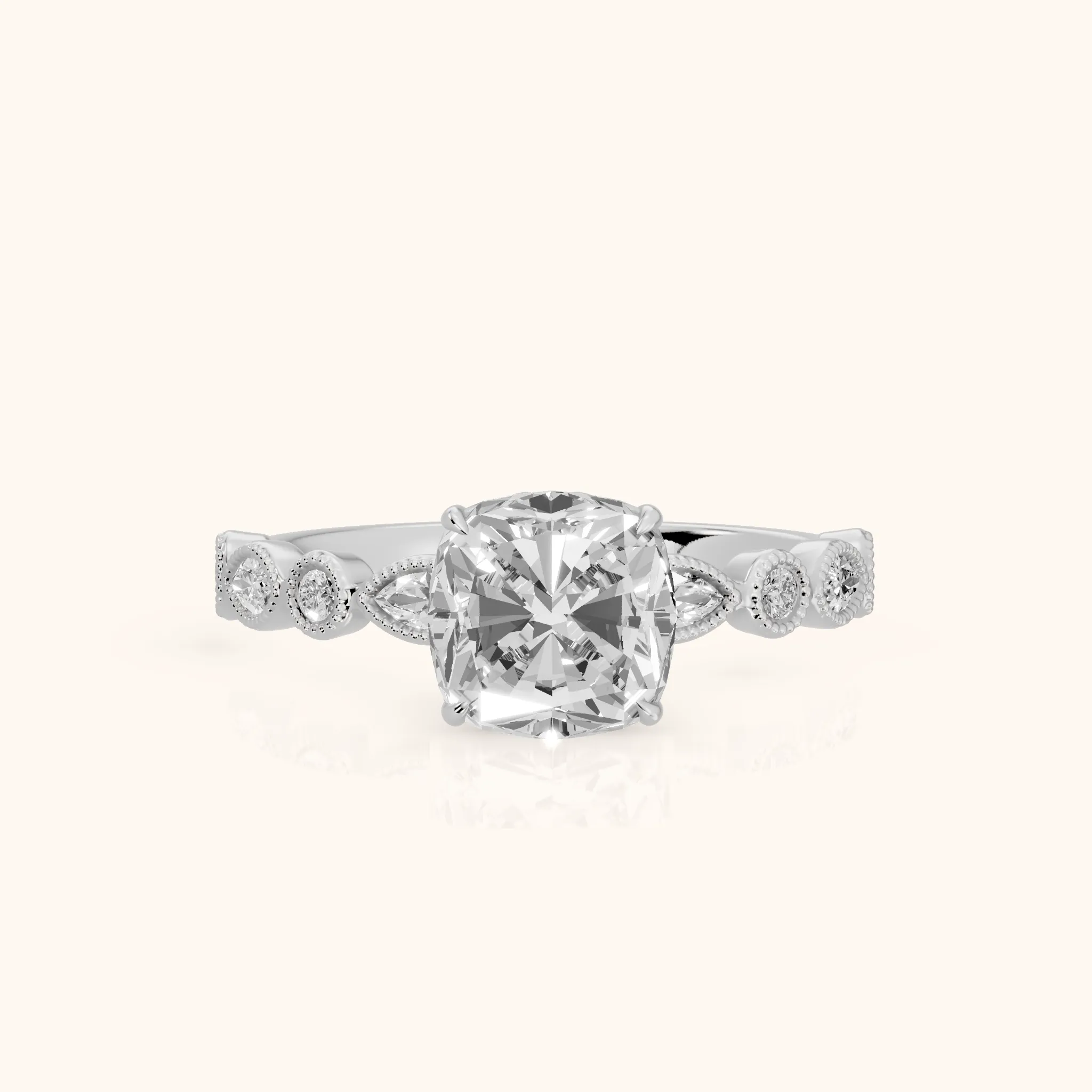 Lena Milgrain Leaf Cushion Diamond Engagement Ring in Silver — view 1