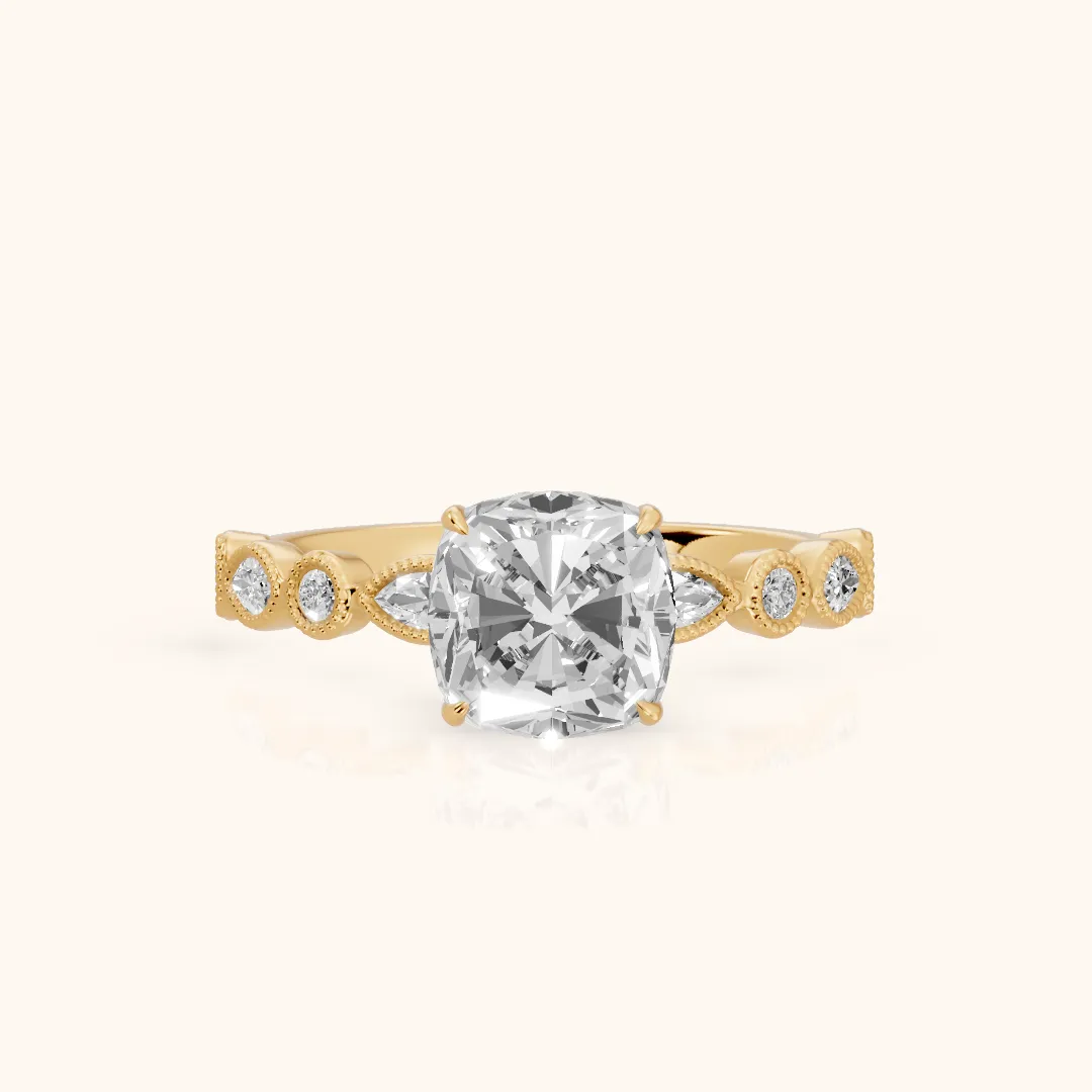 Lena Milgrain Leaf Cushion Diamond Engagement Ring in Yellow Gold — view 2