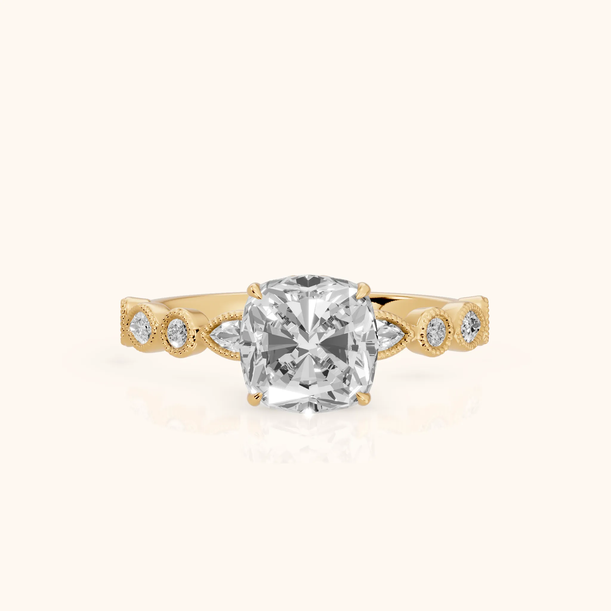 Lena Milgrain Leaf Cushion Diamond Engagement Ring in Yellow Gold — view 1