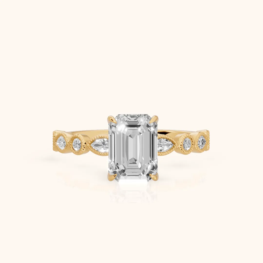 Lena Milgrain Leaf Emerald Diamond Engagement Ring in Yellow Gold — view 2