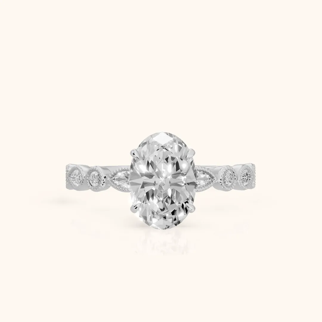 Lena Milgrain Leaf Oval Diamond Engagement Ring in Platinum — view 2