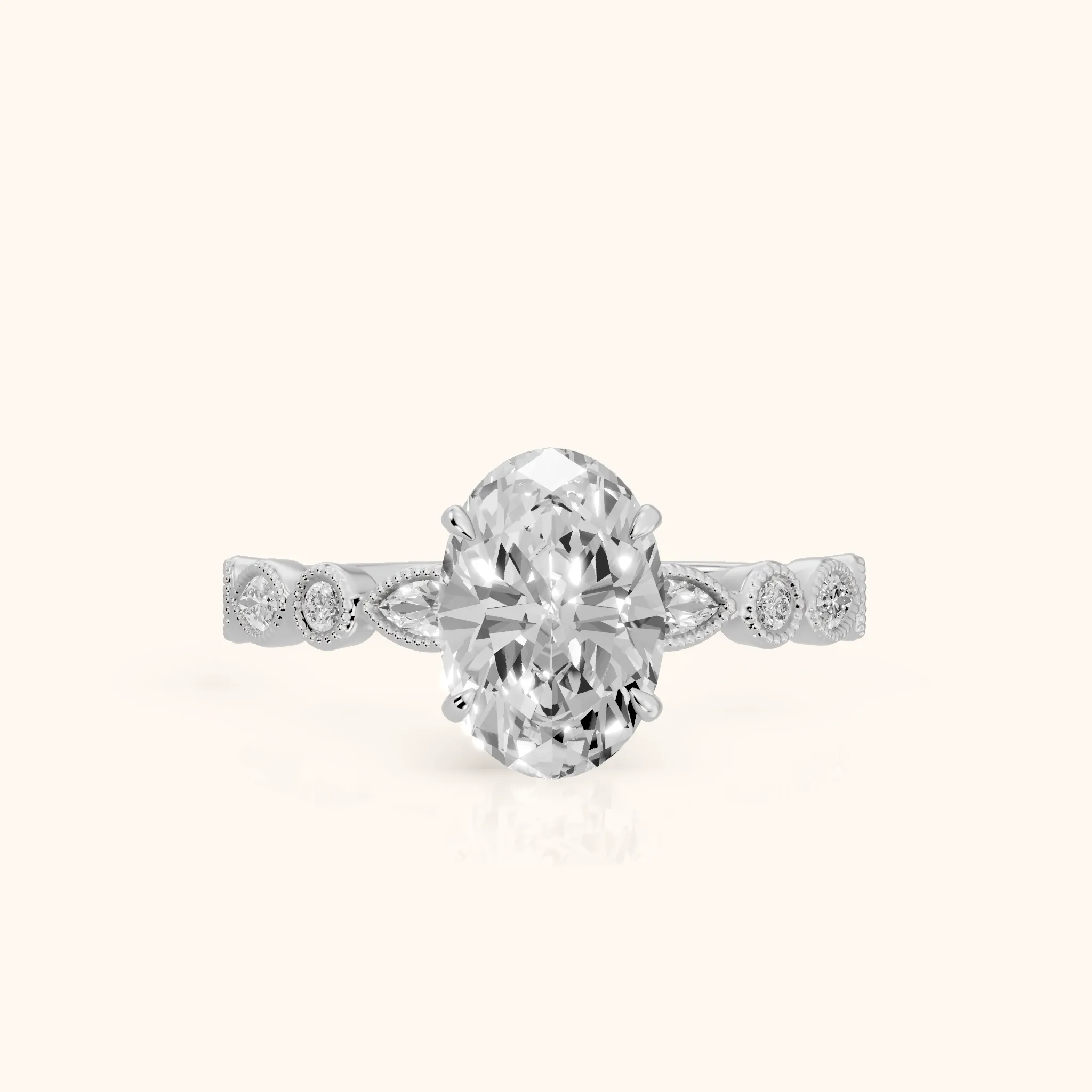 Lena Milgrain Leaf Oval Diamond Engagement Ring in Platinum — view 1