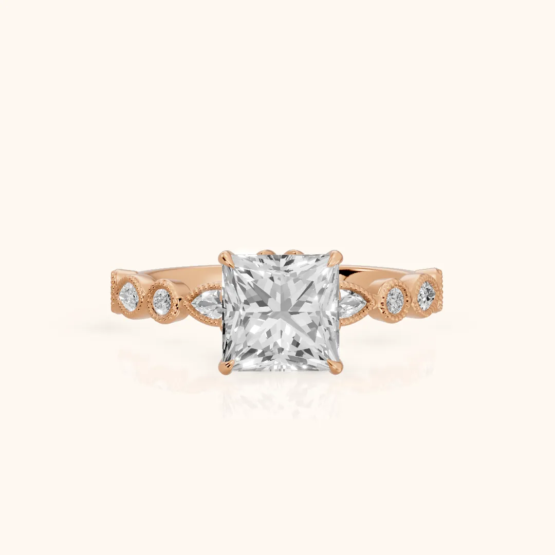 Lena Milgrain Leaf Princess Diamond Engagement Ring in Rose Gold — view 2