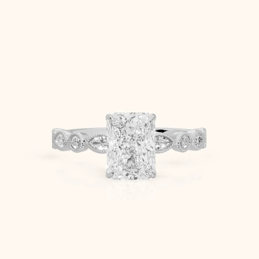 Lena Milgrain Leaf Radiant Diamond Engagement Ring in Silver — view 2