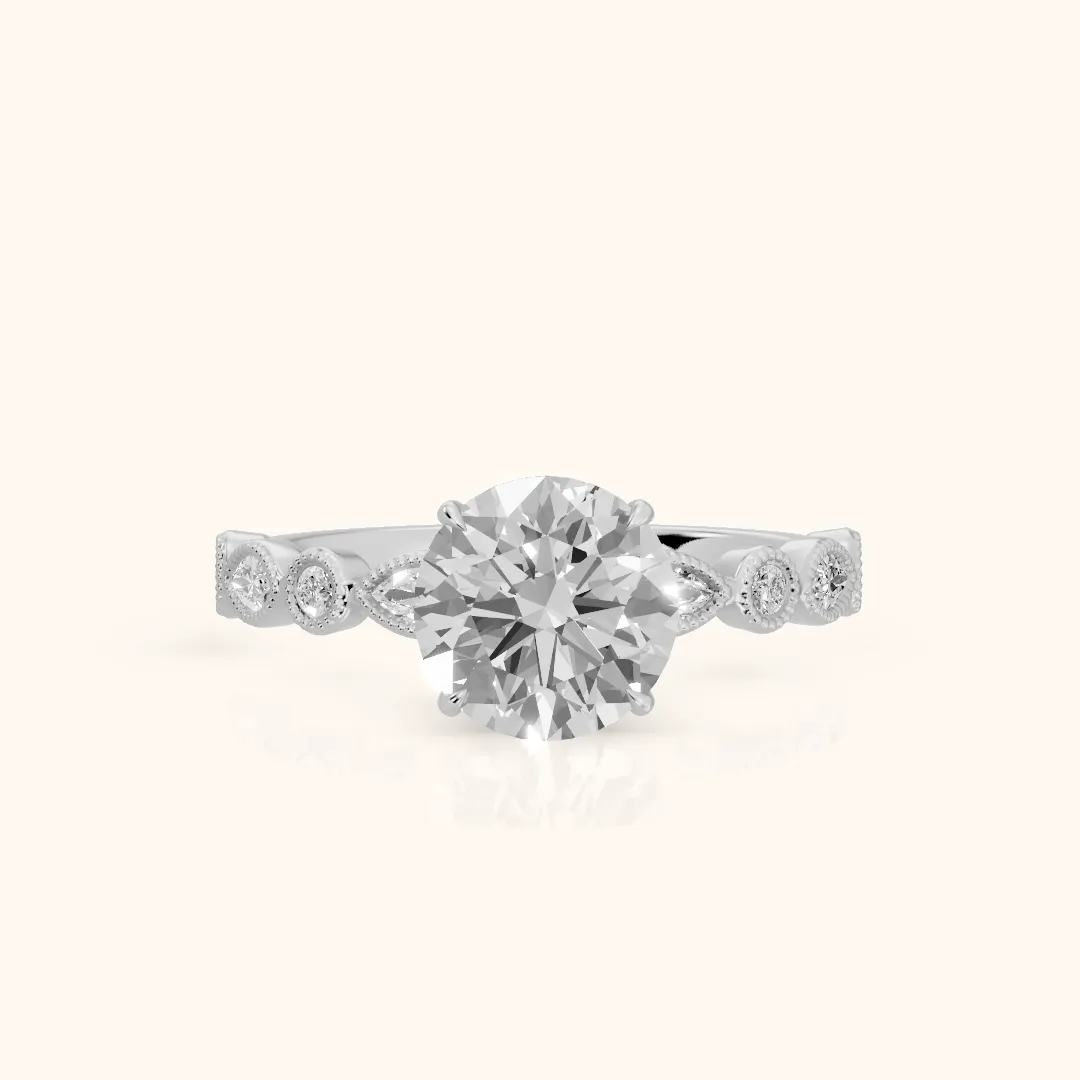 Lena Milgrain Leaf Round Diamond Engagement Ring in Silver — view 2