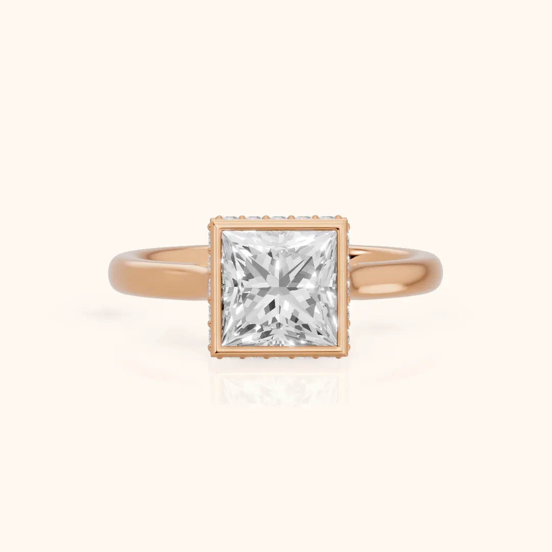 Nicolette Hidden Halo Bezel Princess Diamond Engagement Ring in Rose Gold — view 2