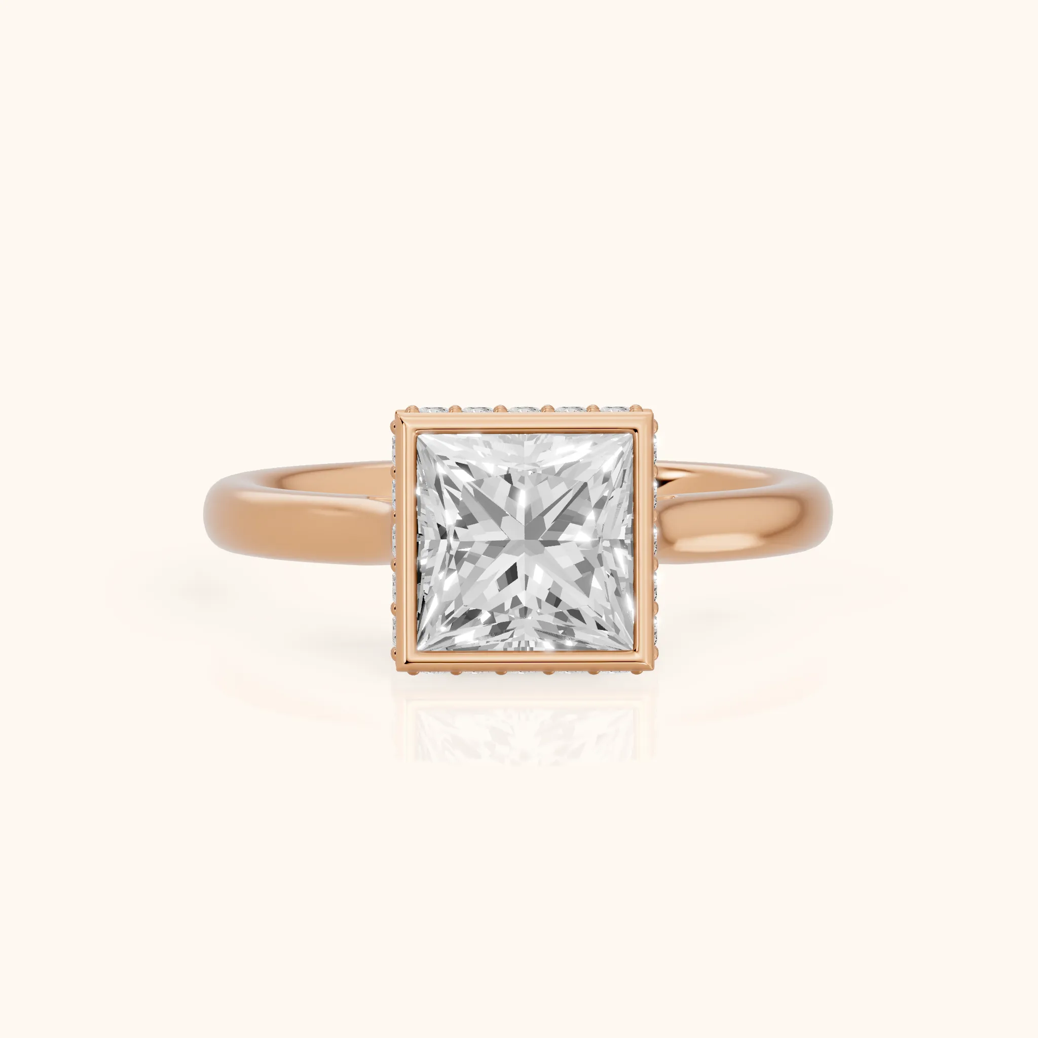 Nicolette Hidden Halo Bezel Princess Diamond Engagement Ring in Rose Gold — view 1
