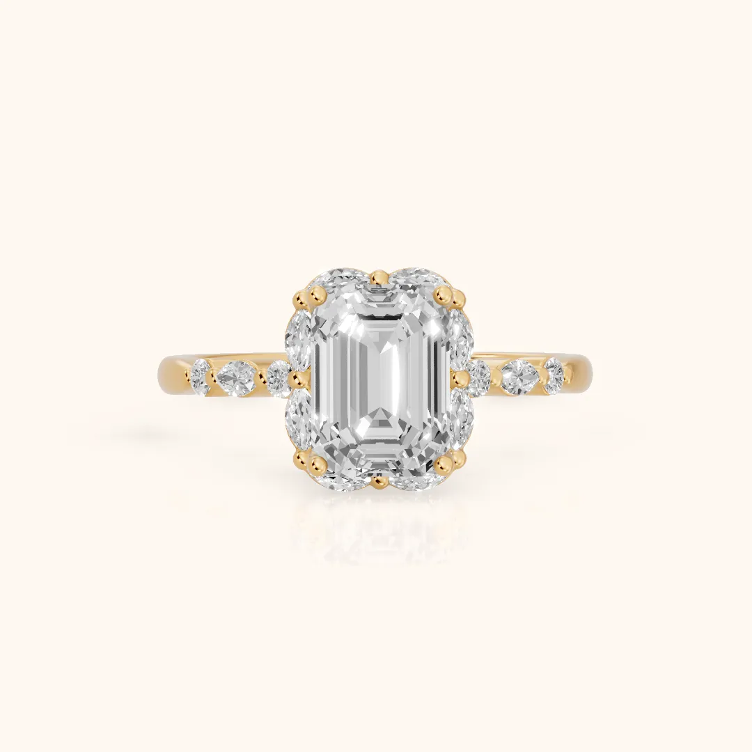 Valentina Petal Halo Emerald Diamond Engagement Ring in Yellow Gold — view 2